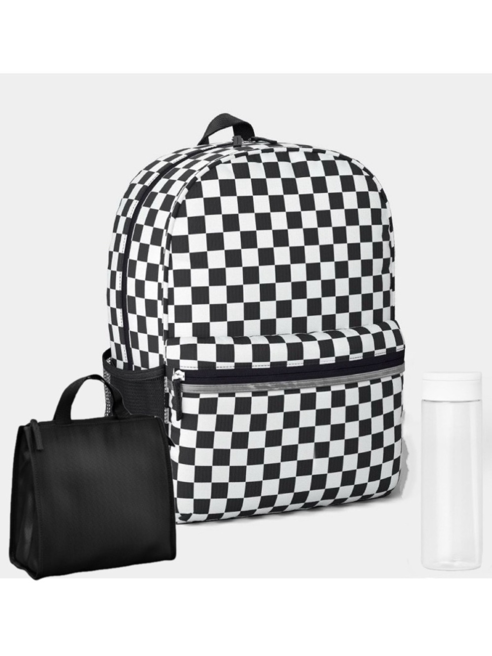 Checkerboard Black & White Lunch Bag Water Bottle Backpack Set Kids Women’s Men